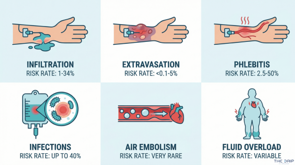 Grid of six IV therapy complications with icons and brief descriptions.