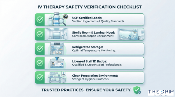 Visual checklist showing how to verify safe practices in IV therapy providers.