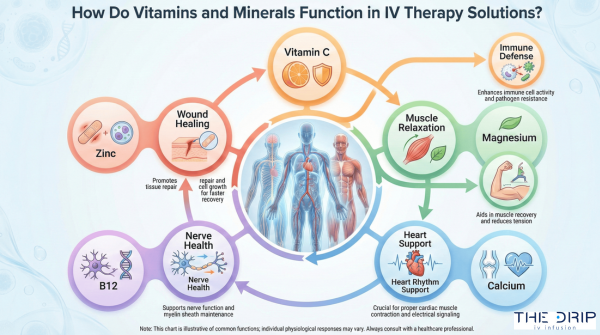 Illustrated chart connecting IV vitamins and minerals to their physiological roles.