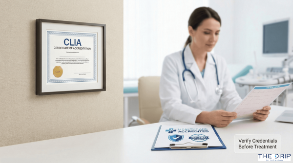 Medical professional in clinic with visible certification displayed on wall.