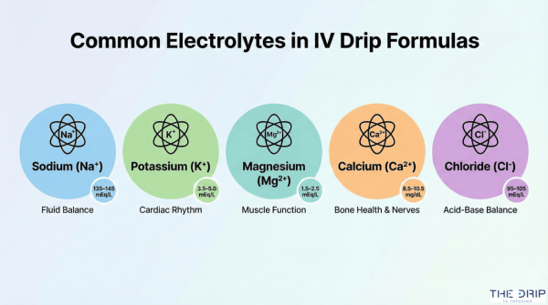 Infographic showing sodium, potassium, magnesium, calcium, and chloride in IV therapy.
