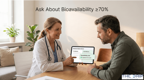 Doctor and patient reviewing antibiotic treatment options on a tablet during consultation.