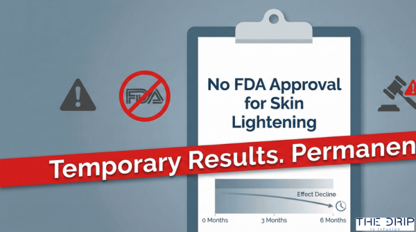 Medical awareness banner summarizing regulatory warnings and temporary results of glutathione IV therapy.
