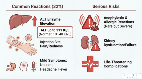 Medical infographic showing common and serious side effects associated with glutathione IV therapy.