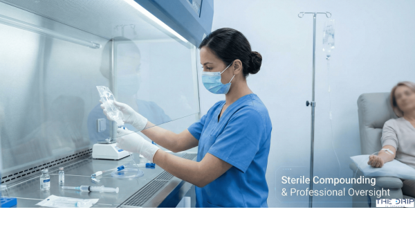 Healthcare professional preparing and administering glutathione IV in sterile clinic setting.