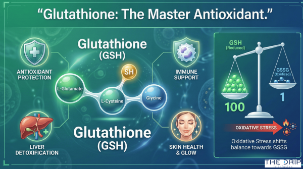 Infographic showing glutathione molecule structure with antioxidant and detox function icons.
