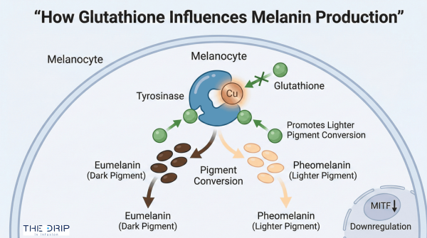 Diagram of glutathione interacting with melanin production pathways inside a skin cell.