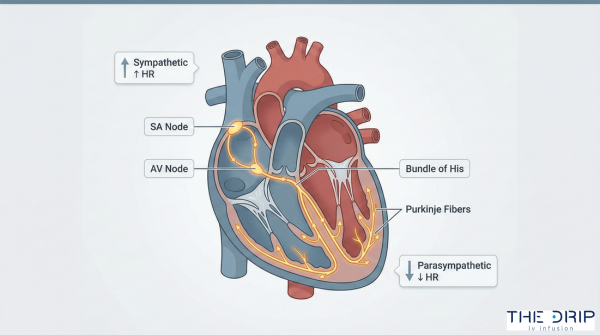 Diagram of the heart showing electrical conduction pathways and autonomic regulation.