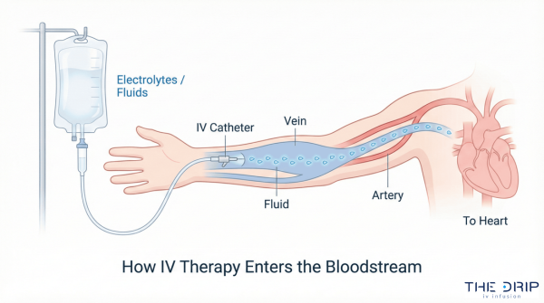 Medical illustration showing IV fluids entering a vein and traveling toward the heart.