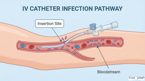 Medical diagram showing how bacteria can enter the bloodstream through an IV catheter.