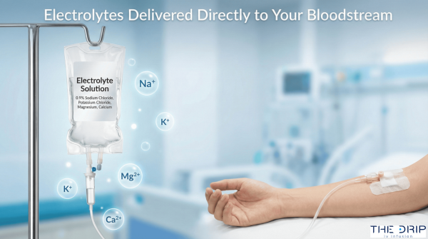 IV electrolyte bag connected to patient arm in a clinical setting.