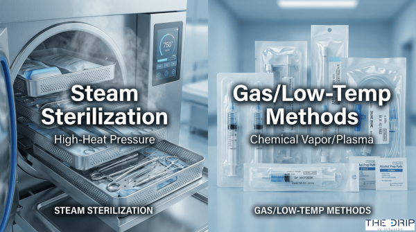Autoclave sterilizing medical instruments next to packaged sterile IV supplies.