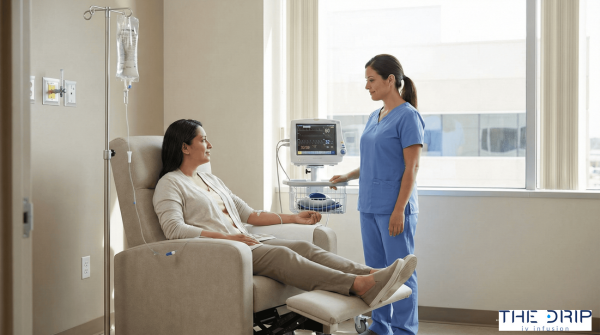 Patient receiving IV fluids in a monitored clinical setting.