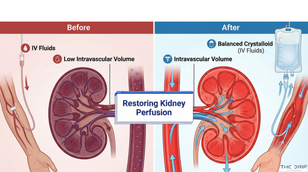 Diagram showing IV fluids increasing blood flow to kidneys and improving filtration.