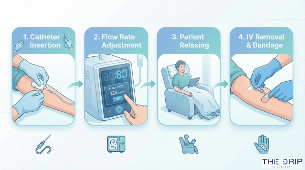 Four-step visual guide showing catheter insertion, infusion monitoring, and completion.