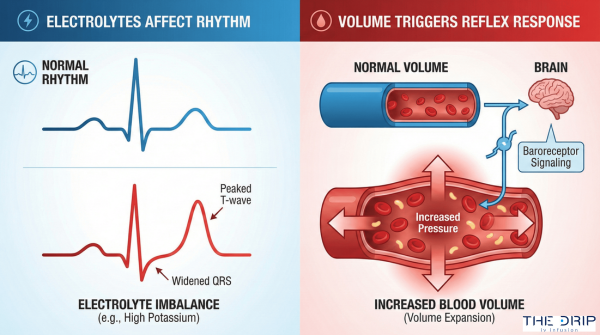 Infographic showing ECG rhythm changes and increased blood volume effects on heart rate.