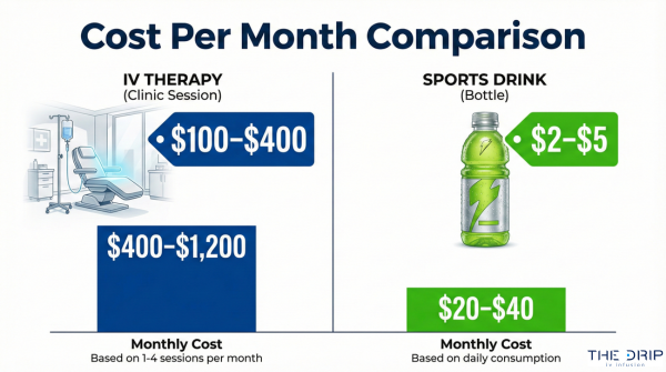 Cost comparison graphic showing IV therapy far more expensive than sports drinks.