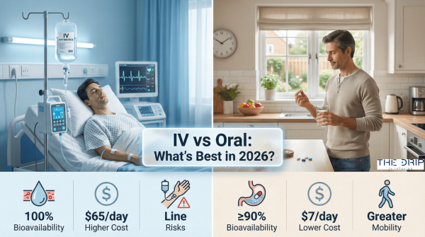 Split-screen comparison of IV antibiotics in hospital and oral antibiotics at home with key differences highlighted.