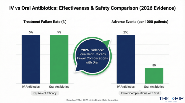 Bar chart comparing treatment failure and adverse event rates for IV and oral antibiotics.