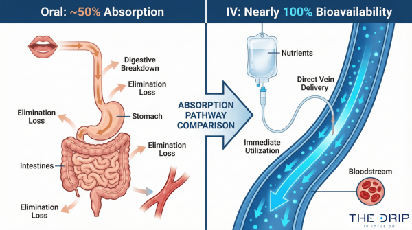 Comparison showing IV nutrients entering bloodstream directly versus oral digestion pathway.