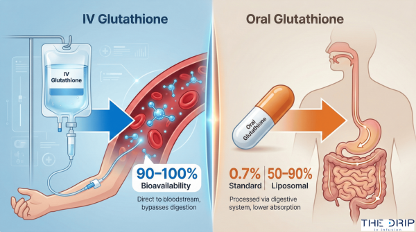 Side-by-side comparison of IV drip and oral capsule showing bioavailability differences.