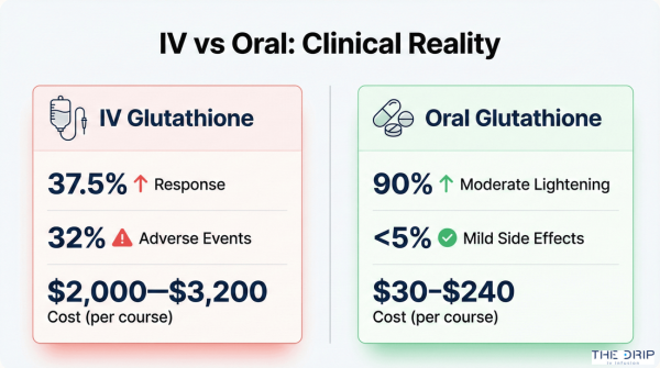 Side-by-side comparison chart of IV and oral glutathione showing differences in cost, safety, and efficacy.