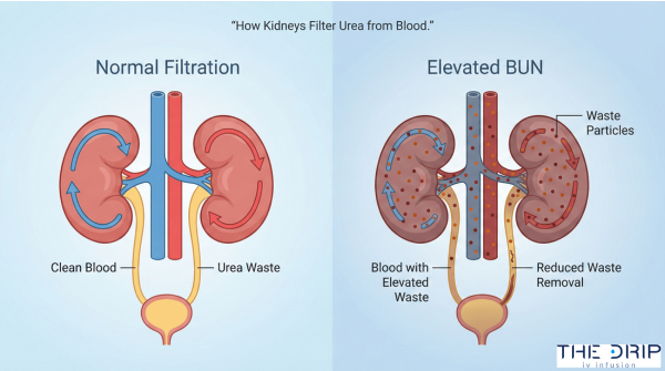 Medical illustration comparing normal kidney filtration with reduced filtration causing elevated BUN.