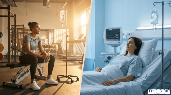 Split image of athlete and hospital patient both receiving IV therapy.
