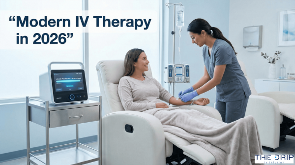 Patient receiving IV therapy in a modern clinic with a smart infusion pump.