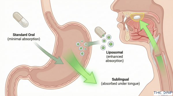 Illustration showing standard, liposomal, and sublingual glutathione absorption pathways.