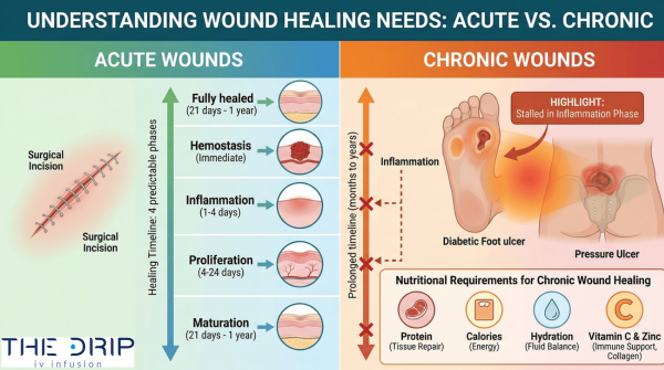 Infographic comparing healing stages of acute wounds and chronic wounds.