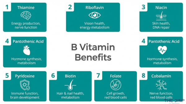 B vitamin benefits chart highlighting thiamine, riboflavin, niacin, biotin, folate, and cobalamin for energy, metabolism, and overall health