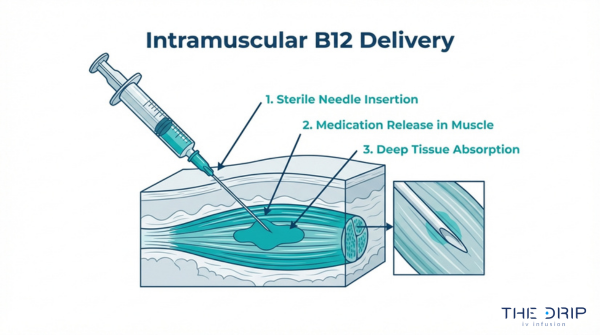 Intramuscular B12 delivery diagram showing needle insertion, medication release in muscle, and deep tissue absorption