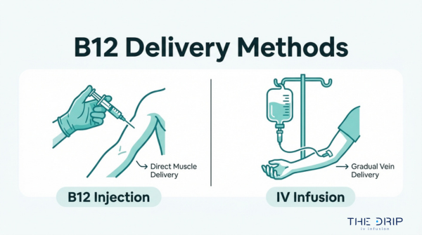 B12 delivery methods comparison infographic showing B12 injection versus IV infusion for vitamin therapy treatment