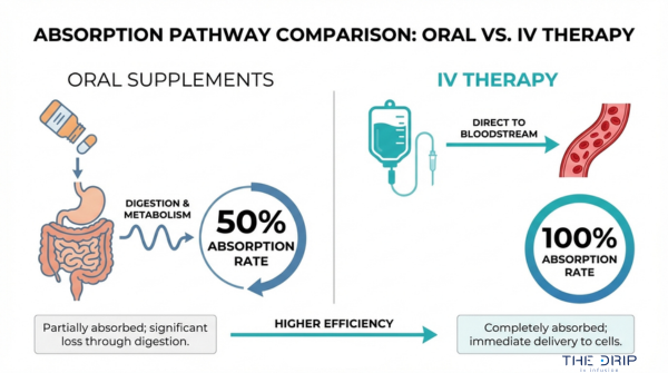 IV therapy vs oral supplements absorption comparison showing 100 percent IV absorption and reduced oral absorption due to digestion process