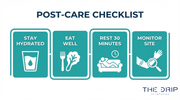 IV therapy post-care checklist showing hydration, healthy eating, resting 30 minutes, and monitoring injection site for safe recovery
