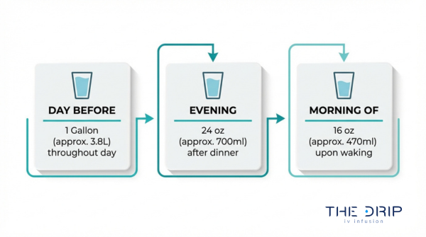 IV therapy hydration schedule with recommended water intake before, evening after treatment, and morning recovery guidelines