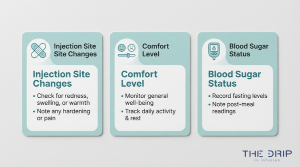 IV therapy aftercare monitoring guide highlighting injection site changes, comfort level tracking, and blood sugar status management