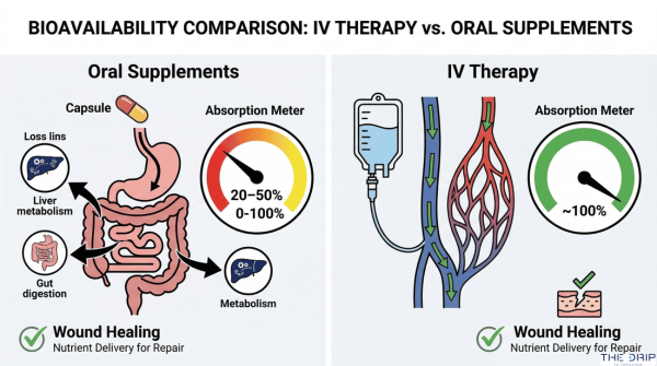 Diagram comparing nutrient absorption from oral supplements and IV therapy.