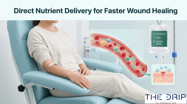 Patient receiving IV nutrient therapy designed to support wound healing.