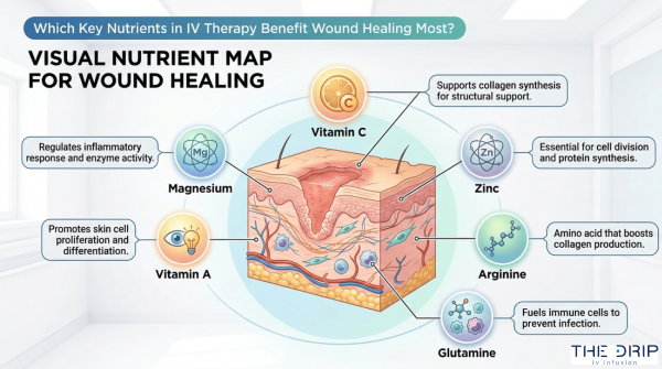 Diagram showing key vitamins and amino acids that support wound healing.