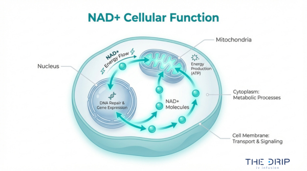 NAD cellular function diagram illustrating energy production in mitochondria, DNA repair, and metabolic processes supported by NAD molecules