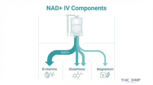 NAD IV therapy components diagram showing NAD+, B vitamins, glutathione, and magnesium used for cellular repair and energy support