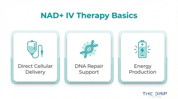 NAD IV therapy basics infographic showing direct cellular delivery, DNA repair support, and enhanced energy production benefits