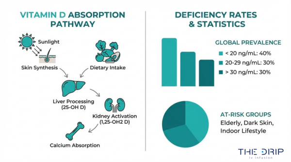 Vitamin D absorption pathway diagram with deficiency statistics, global prevalence, and at-risk groups including elderly and indoor lifestyle