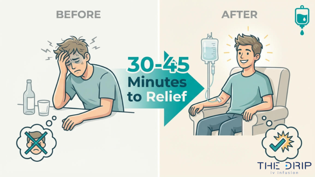 Before and after IV therapy comparison showing fatigue and dehydration relief within 30 to 45 minutes after infusion treatment