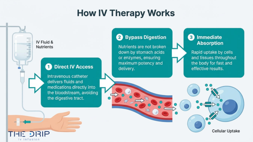 How IV therapy works diagram showing direct IV access, bypassing digestion, and rapid cellular absorption of fluids and nutrients