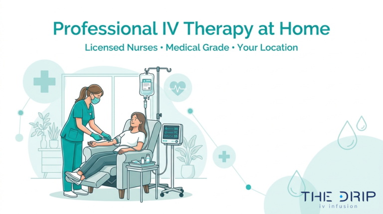 Professional at-home IV therapy service with licensed nurse administering mobile IV drip treatment in a private home setting