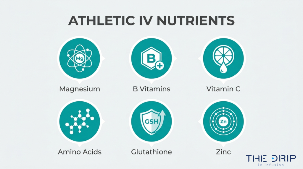 Athletic IV drip nutrients including magnesium, B vitamins, vitamin C, amino acids, glutathione, and zinc