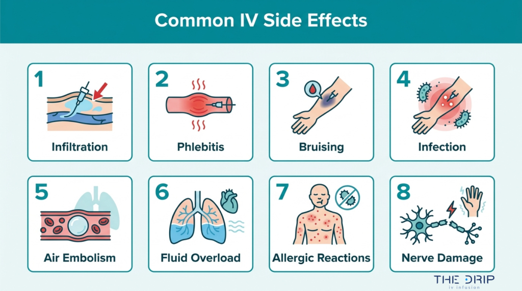 Common IV side effects chart showing infiltration, phlebitis, bruising, infection, air embolism, fluid overload, allergic reactions, and nerve damage
